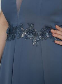 EVERPRETTY Plus Sequin Appliques Mesh Insert High Low Prom Dress - Dusty Blue - View 5