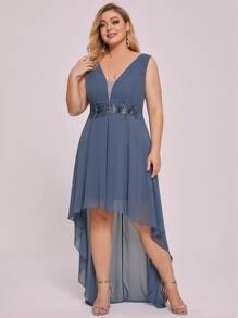 EVERPRETTY Plus Sequin Appliques Mesh Insert High Low Prom Dress - Dusty Blue - View 6