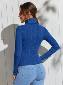 SHEIN Privé 高領條紋針織T恤 - 藍色 - 查看 2