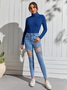 SHEIN Privé 高領條紋針織T恤 - 藍色 - 查看 4