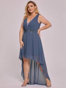 EVERPRETTY Plus Sequin Appliques Mesh Insert High Low Prom Dress - Dusty Blue - View 8