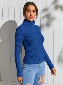 SHEIN Privé 高領條紋針織T恤 - 藍色 - 查看 5