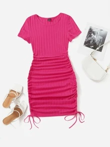SHEIN EZwear Drawstring Side Rib-knit Bodycon Dress - Hot Pink - View 1