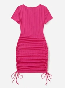 SHEIN EZwear Drawstring Side Rib-knit Bodycon Dress - Hot Pink - View 2