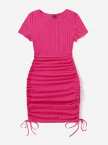 SHEIN EZwear Drawstring Side Rib-knit Bodycon Dress - Hot Pink - View 4