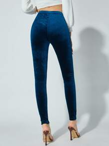 SHEIN Tall Solid Velvet Leggings - Navy Blue - View 2