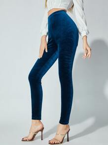 SHEIN Tall Solid Velvet Leggings - Navy Blue - View 4