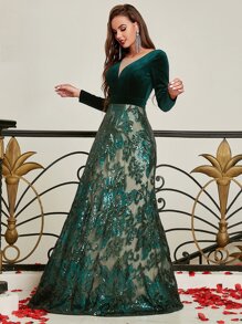 YISIKADO Open Back Floral Sequin Formal Evening Gown - Dark Green - View 1