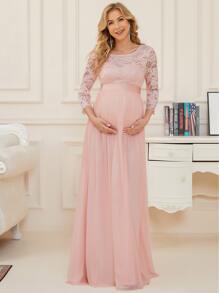 Maternity Plus Lace Panel Belted Chiffon Dress, Dress, For Baby Shower - Baby Pink - View 1