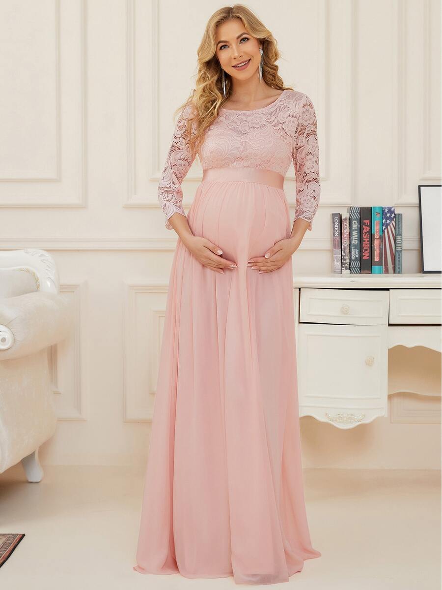 Maternity Plus Lace Panel Belted Chiffon Dress, Dress, For Baby Shower - Baby Pink - View 1