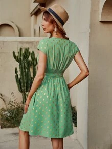 燙金繫腰帶連衣裙 - 綠色 - 查看 2