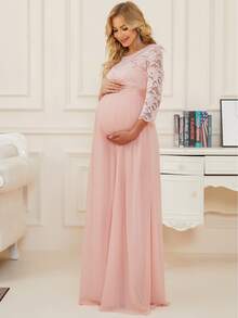 Maternity Plus Lace Panel Belted Chiffon Dress, Dress, For Baby Shower - Baby Pink - View 3
