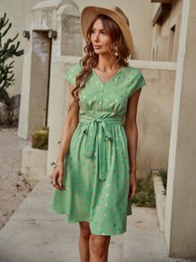 燙金繫腰帶連衣裙 - 綠色 - 查看 5