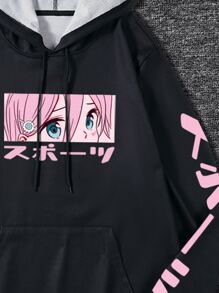 Manfinity Hypemode Men Japanese Letter & Figure Graphic Kangaroo Pocket Drawstring Hoodie - Black - View 5