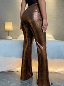 SHEIN BAE Crocodile Print High Waist Straight Leg PU Leather Trousers - Gold - View 2