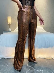 SHEIN BAE Crocodile Print High Waist Straight Leg PU Leather Trousers - Gold - View 3