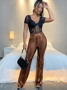 SHEIN BAE Crocodile Print High Waist Straight Leg PU Leather Trousers - Gold - View 4