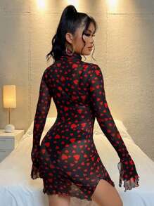 SHEIN SXY 滿版心形印花下擺開叉透視網紗洋裝 - 彩色 - 查看 2