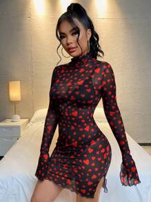 SHEIN SXY 滿版心形印花下擺開叉透視網紗洋裝 - 彩色 - 查看 4