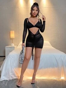 SHEIN SXY Đầm Dây kéo Xù cắt màu trơn Gợi cảm - màu đen - Xem 5