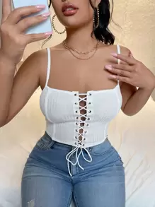 SHEIN SXY 金屬氣眼前繫帶吊帶上衣 - 白色 - 查看 1