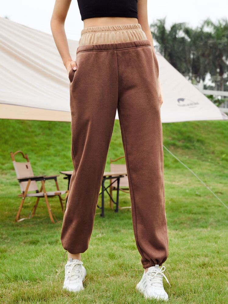 SHEIN EZwear 2 In 1 Elastic Waist Drawstring Hem Sweatpants - Coffee Brown - View 1