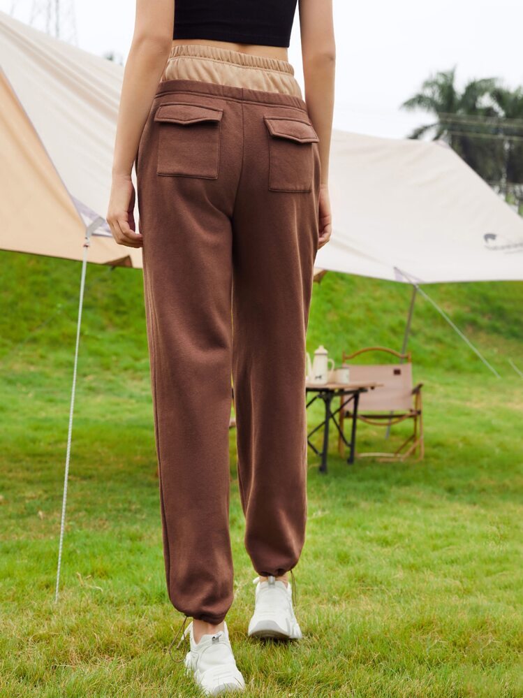 SHEIN EZwear 2 In 1 Elastic Waist Drawstring Hem Sweatpants - Coffee Brown - View 2