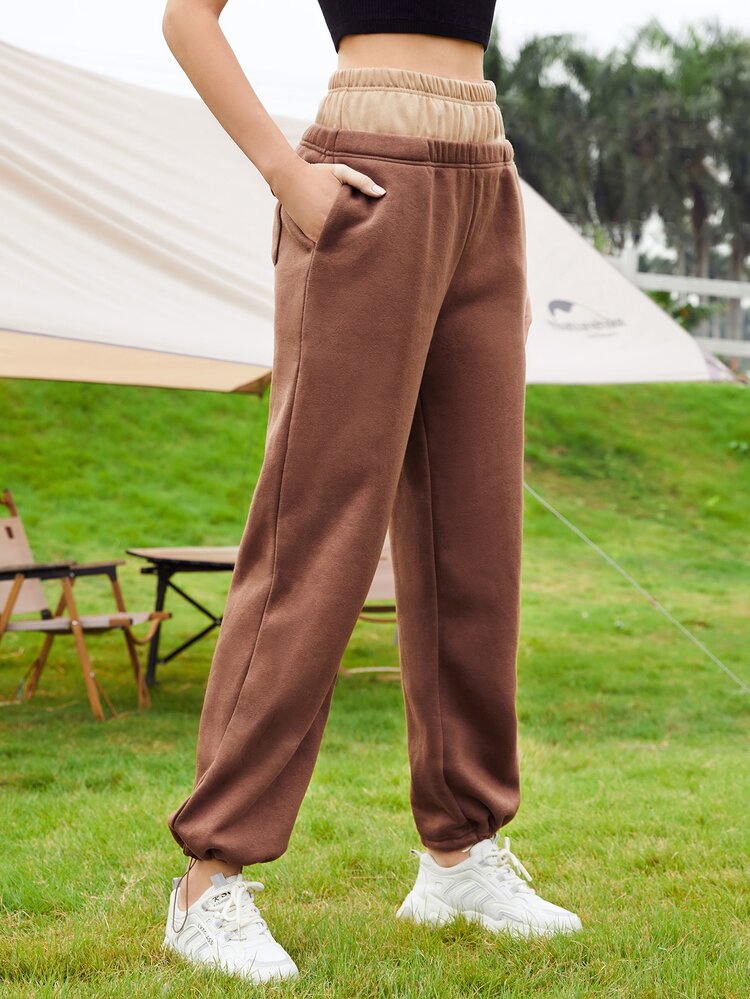 SHEIN EZwear 2 In 1 Elastic Waist Drawstring Hem Sweatpants - Coffee Brown - View 3