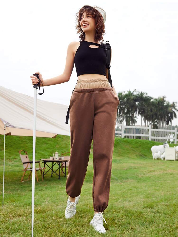 SHEIN EZwear 2 In 1 Elastic Waist Drawstring Hem Sweatpants - Coffee Brown - View 4