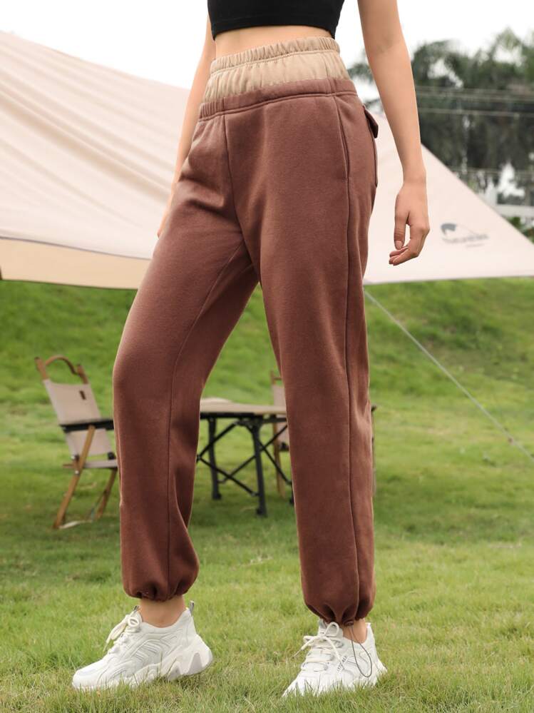 SHEIN EZwear 2 In 1 Elastic Waist Drawstring Hem Sweatpants - Coffee Brown - View 5