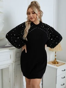 SHEIN Clasi Plus Pearl Beaded Drop Shoulder Jumper Dress Without Belt - Black - View 5