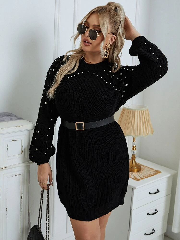 Plus Size Women Solid Color Knitted Round Neck Pearl Embellished Long Sleeve Elegant Sweater Dress,Winter,Festa,Black And White,Autumn Fall Clothing