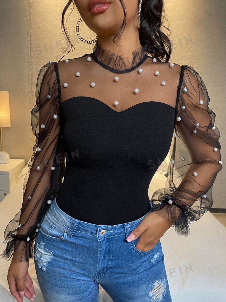 SHEIN PETITE Pearls Beaded Mesh Yoke Mock Black Neck Going Out Tops