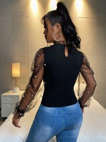 SHEIN PETITE Pearls Beaded Mesh Yoke Mock Black Neck Going Out Tops - Black - View 2