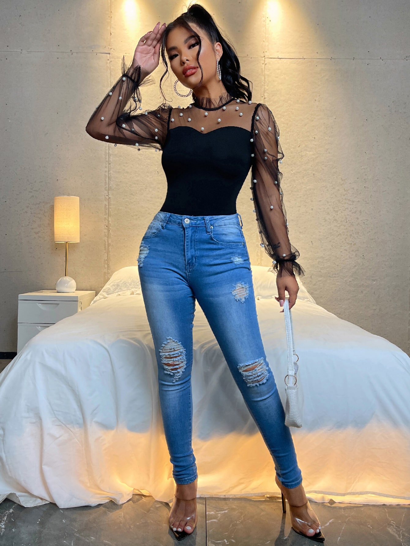 SHEIN PETITE Pearls Beaded Mesh Yoke Mock Neck Top SHEIN UK shein-petite-pearls-beaded-mesh-yoke-mock-neck-top-shein-uk