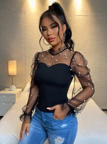 SHEIN PETITE Pearls Beaded Mesh Yoke Mock Black Neck Going Out Tops - Black - View 4