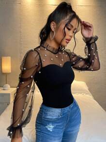 SHEIN PETITE Pearls Beaded Mesh Yoke Mock Black Neck Going Out Tops - Black - View 5