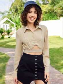SHEIN EZwear Áo sơ mi nữ Cắt ra Nút phía trước màu trơn Giải trí - Màu Khaki - Xem 1