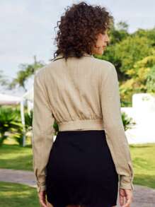 SHEIN EZwear Áo sơ mi nữ Cắt ra Nút phía trước màu trơn Giải trí - Màu Khaki - Xem 2