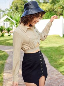 SHEIN EZwear Áo sơ mi nữ Cắt ra Nút phía trước màu trơn Giải trí - Màu Khaki - Xem 4