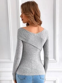 Áo thun nữ Bất đối xứng Gân đan màu trơn Gợi cảm - Màu Xám nhạt - Xem 2