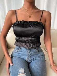 Top corto de tirantes bajo con fruncido - Negro - Ver 3