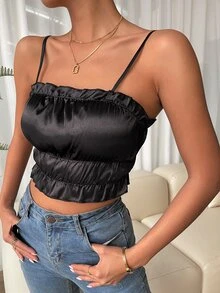 Top corto de tirantes bajo con fruncido - Negro - Ver 4