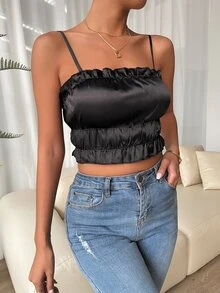 Top corto de tirantes bajo con fruncido - Negro - Ver 6