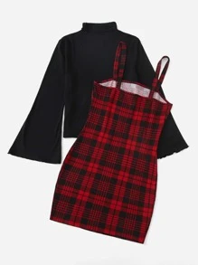 SHEIN EZwear 大碼荷葉袖木耳邊上衣和格紋印花吊帶洋裝