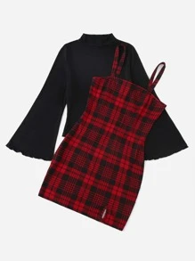 SHEIN EZwear 大碼荷葉袖木耳邊上衣和格紋印花吊帶洋裝