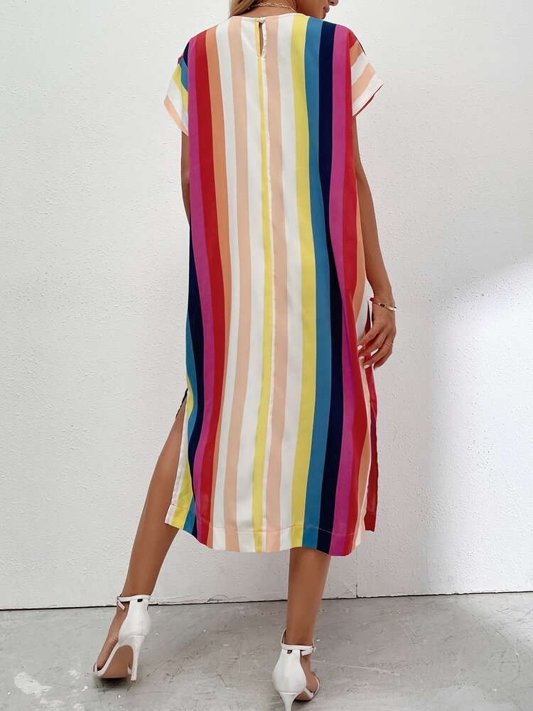 SHEIN Unity Batwing Sleeve Rainbow Striped Dress Without Belt - Multicolor - View 2