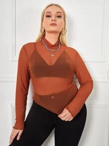 SHEIN Privé 大碼小高領木耳滾邊網紗不附胸罩上衣 - 鏽棕色 - 查看 1