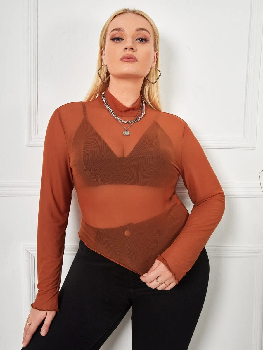 SHEIN Privé 大碼小高領木耳滾邊網紗不附胸罩上衣 - 鏽棕色 - 查看 1