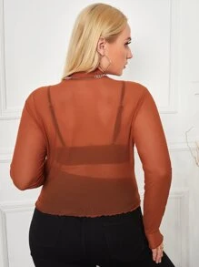 SHEIN Privé 大碼小高領木耳滾邊網紗不附胸罩上衣 - 鏽棕色 - 查看 2